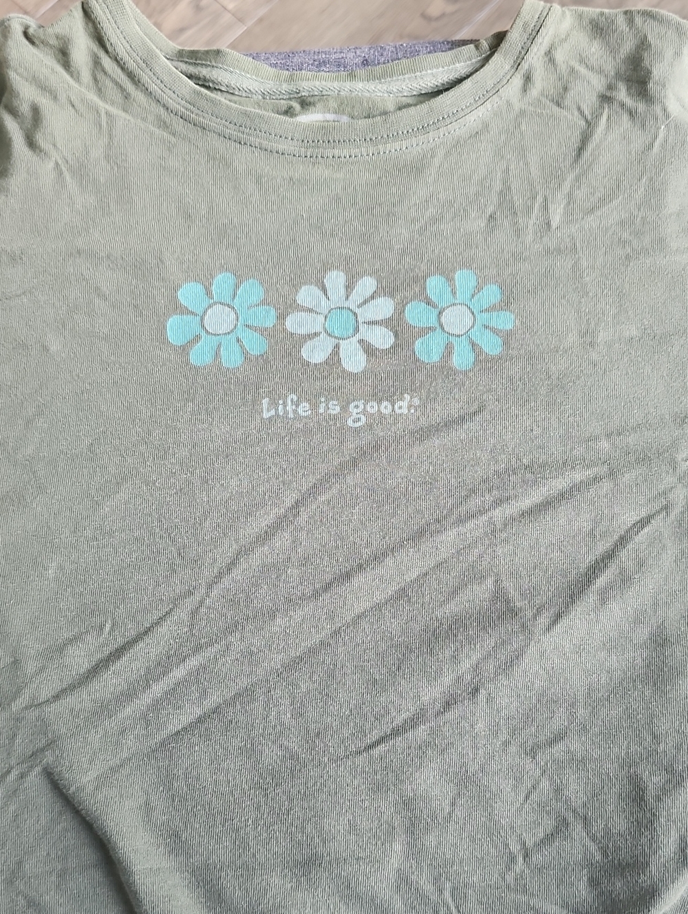 Life Is Good Olive Green Tee with Aqua Daisy Trio Xsmall